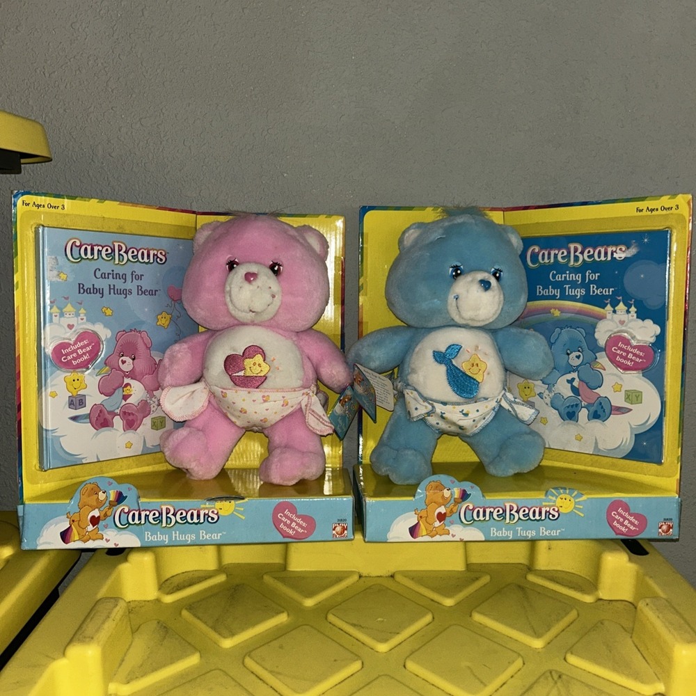New Care Bears Pink & Blue Plush Baby Hugs Bears With Book Vintage